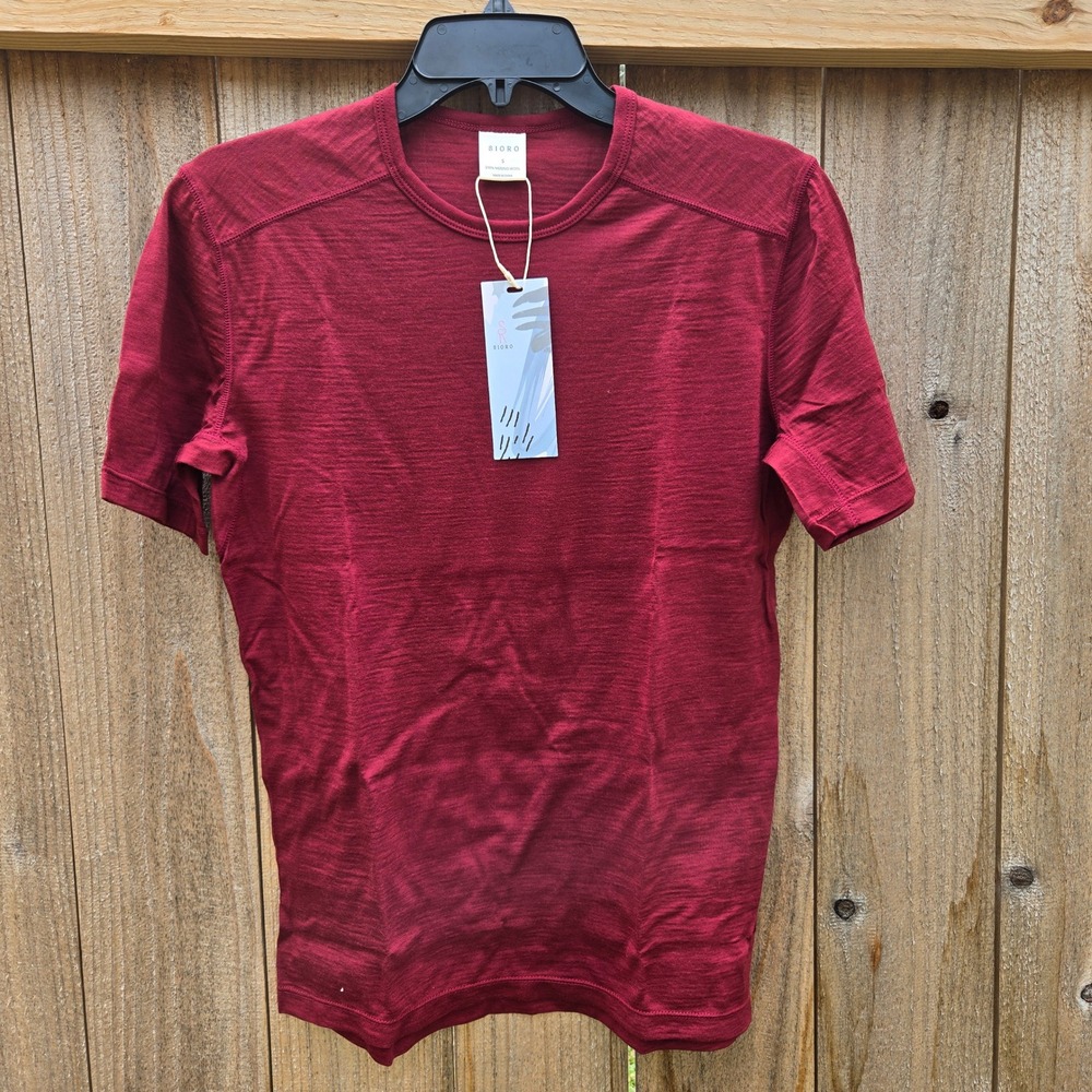 SIORO Mens 100% Merino Wool T-Shirt Burgundy Red Short Sleeve Base Layer Small
